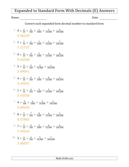 The Converting Expanded Form Decimals Using Fractions to Standard Form (1-Digit Before the Decimal; 5-Digits After the Decimal) (E) Math Worksheet Page 2