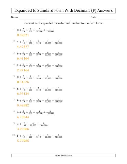 The Converting Expanded Form Decimals Using Fractions to Standard Form (1-Digit Before the Decimal; 5-Digits After the Decimal) (F) Math Worksheet Page 2