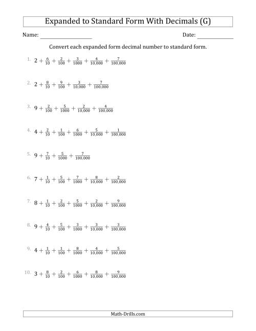 The Converting Expanded Form Decimals Using Fractions to Standard Form (1-Digit Before the Decimal; 5-Digits After the Decimal) (G) Math Worksheet