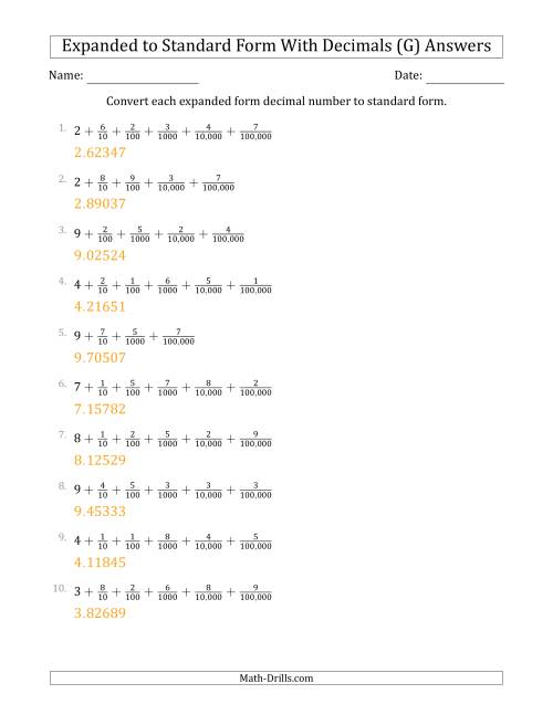 The Converting Expanded Form Decimals Using Fractions to Standard Form (1-Digit Before the Decimal; 5-Digits After the Decimal) (G) Math Worksheet Page 2