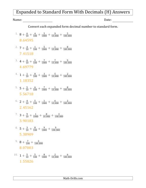 The Converting Expanded Form Decimals Using Fractions to Standard Form (1-Digit Before the Decimal; 5-Digits After the Decimal) (H) Math Worksheet Page 2