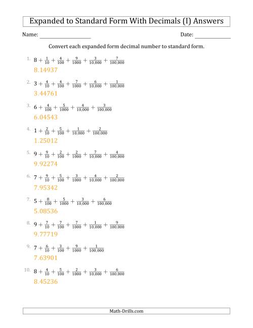 The Converting Expanded Form Decimals Using Fractions to Standard Form (1-Digit Before the Decimal; 5-Digits After the Decimal) (I) Math Worksheet Page 2