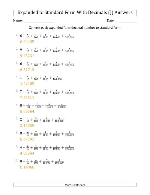 The Converting Expanded Form Decimals Using Fractions to Standard Form (1-Digit Before the Decimal; 5-Digits After the Decimal) (J) Math Worksheet Page 2