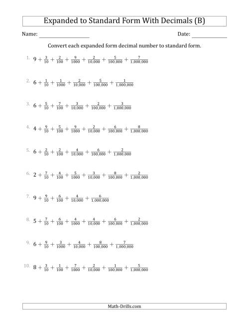 The Converting Expanded Form Decimals Using Fractions to Standard Form (1-Digit Before the Decimal; 6-Digits After the Decimal) (B) Math Worksheet
