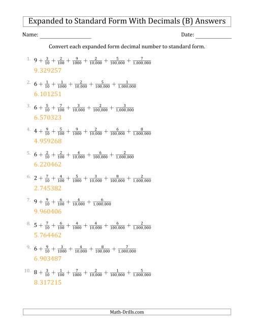 The Converting Expanded Form Decimals Using Fractions to Standard Form (1-Digit Before the Decimal; 6-Digits After the Decimal) (B) Math Worksheet Page 2
