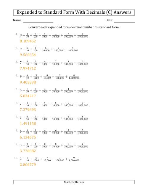 The Converting Expanded Form Decimals Using Fractions to Standard Form (1-Digit Before the Decimal; 6-Digits After the Decimal) (C) Math Worksheet Page 2