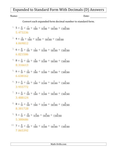 The Converting Expanded Form Decimals Using Fractions to Standard Form (1-Digit Before the Decimal; 6-Digits After the Decimal) (D) Math Worksheet Page 2
