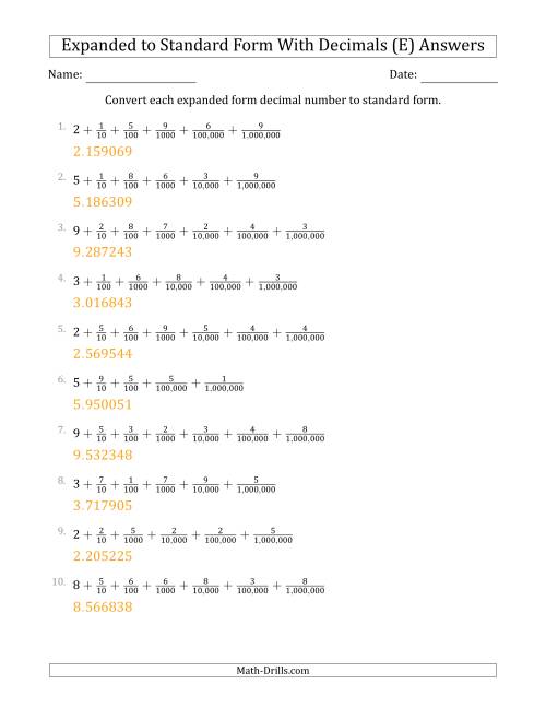 The Converting Expanded Form Decimals Using Fractions to Standard Form (1-Digit Before the Decimal; 6-Digits After the Decimal) (E) Math Worksheet Page 2