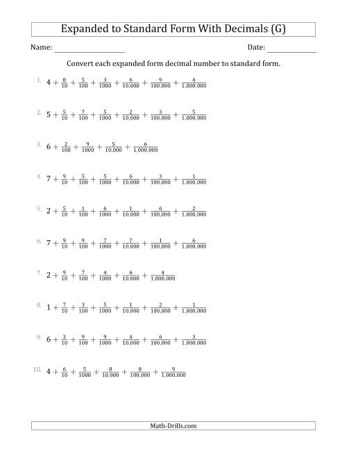 The Converting Expanded Form Decimals Using Fractions to Standard Form (1-Digit Before the Decimal; 6-Digits After the Decimal) (G) Math Worksheet