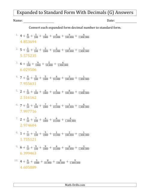 The Converting Expanded Form Decimals Using Fractions to Standard Form (1-Digit Before the Decimal; 6-Digits After the Decimal) (G) Math Worksheet Page 2