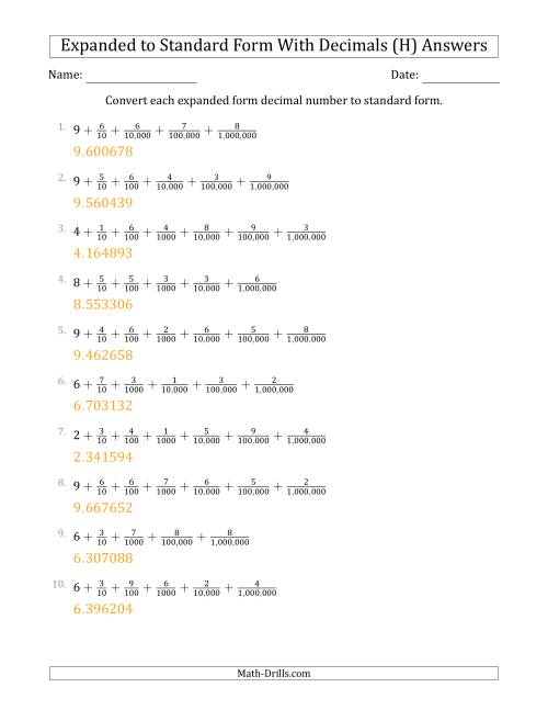 The Converting Expanded Form Decimals Using Fractions to Standard Form (1-Digit Before the Decimal; 6-Digits After the Decimal) (H) Math Worksheet Page 2