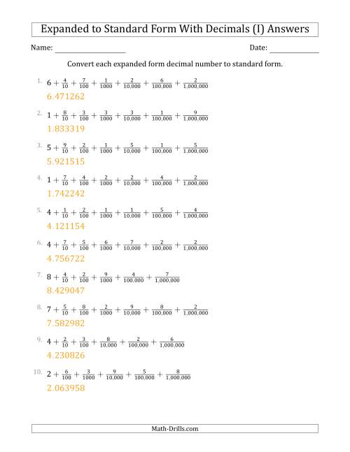 The Converting Expanded Form Decimals Using Fractions to Standard Form (1-Digit Before the Decimal; 6-Digits After the Decimal) (I) Math Worksheet Page 2