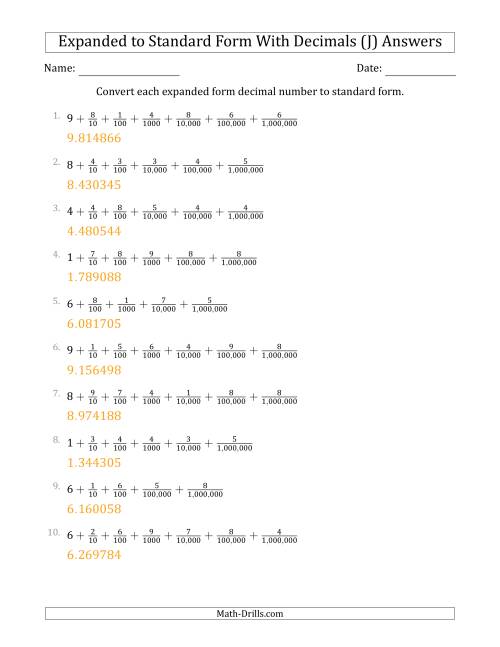 The Converting Expanded Form Decimals Using Fractions to Standard Form (1-Digit Before the Decimal; 6-Digits After the Decimal) (J) Math Worksheet Page 2