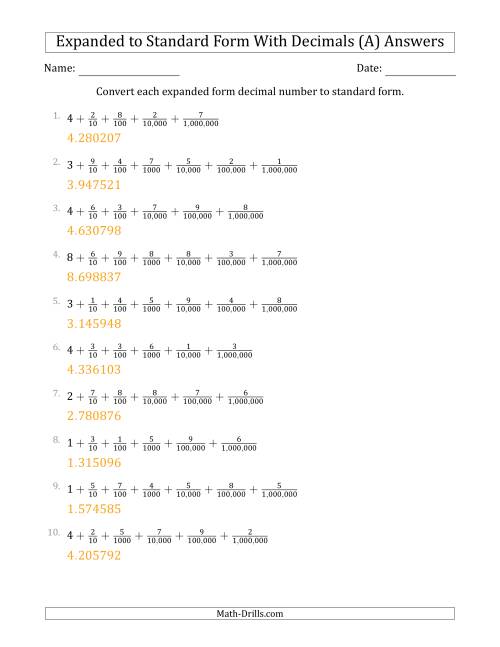 The Converting Expanded Form Decimals Using Fractions to Standard Form (1-Digit Before the Decimal; 6-Digits After the Decimal) (All) Math Worksheet Page 2