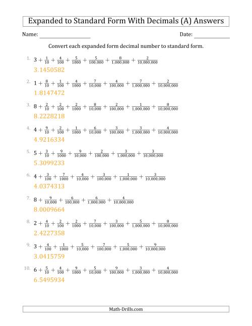 The Converting Expanded Form Decimals Using Fractions to Standard Form (1-Digit Before the Decimal; 7-Digits After the Decimal) (A) Math Worksheet Page 2