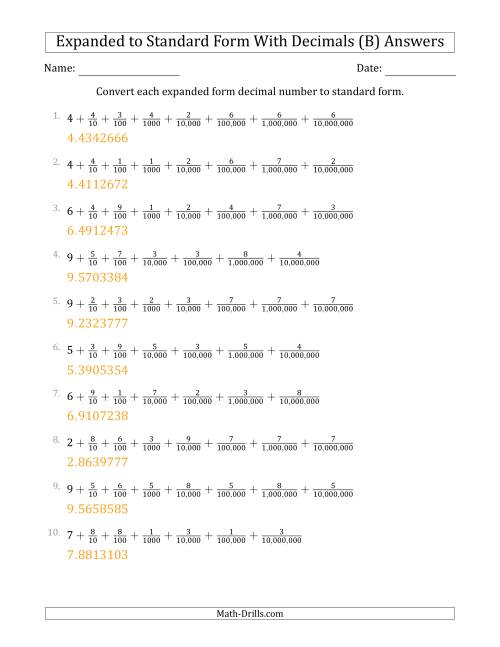 The Converting Expanded Form Decimals Using Fractions to Standard Form (1-Digit Before the Decimal; 7-Digits After the Decimal) (B) Math Worksheet Page 2