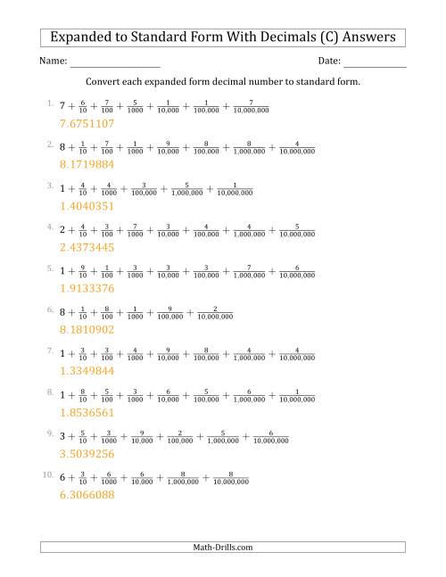 The Converting Expanded Form Decimals Using Fractions to Standard Form (1-Digit Before the Decimal; 7-Digits After the Decimal) (C) Math Worksheet Page 2