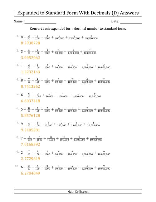 The Converting Expanded Form Decimals Using Fractions to Standard Form (1-Digit Before the Decimal; 7-Digits After the Decimal) (D) Math Worksheet Page 2