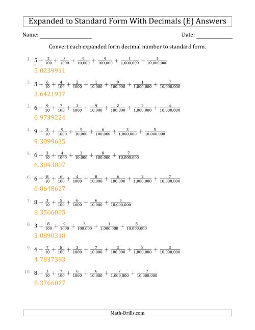 The Converting Expanded Form Decimals Using Fractions to Standard Form (1-Digit Before the Decimal; 7-Digits After the Decimal) (E) Math Worksheet Page 2