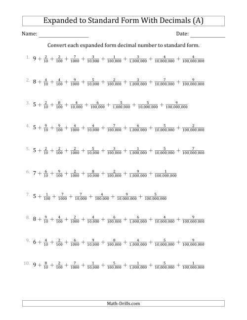 The Converting Expanded Form Decimals Using Fractions to Standard Form (1-Digit Before the Decimal; 8-Digits After the Decimal) (A) Math Worksheet