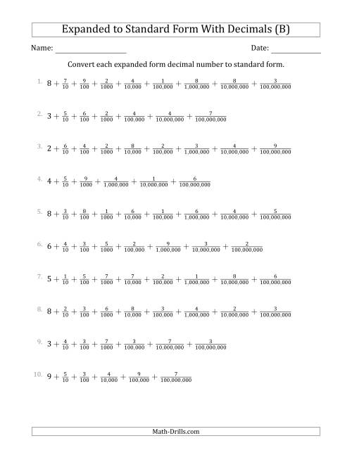 The Converting Expanded Form Decimals Using Fractions to Standard Form (1-Digit Before the Decimal; 8-Digits After the Decimal) (B) Math Worksheet