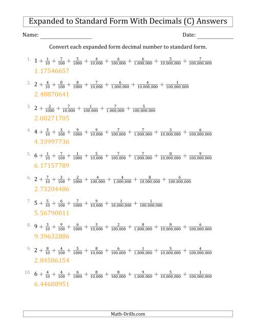 The Converting Expanded Form Decimals Using Fractions to Standard Form (1-Digit Before the Decimal; 8-Digits After the Decimal) (C) Math Worksheet Page 2