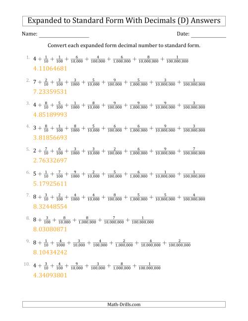 The Converting Expanded Form Decimals Using Fractions to Standard Form (1-Digit Before the Decimal; 8-Digits After the Decimal) (D) Math Worksheet Page 2
