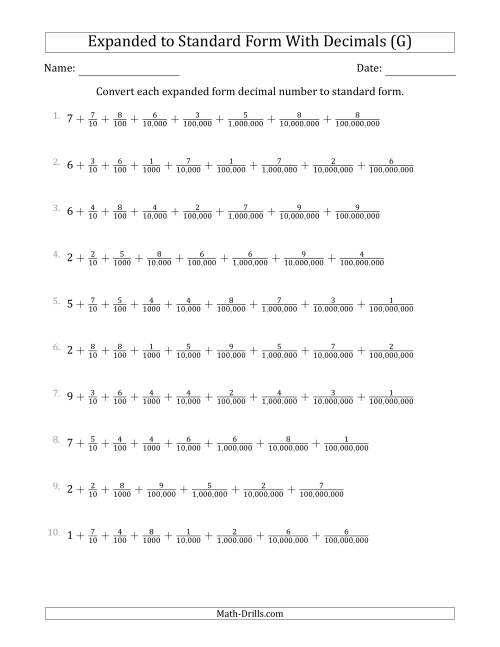 The Converting Expanded Form Decimals Using Fractions to Standard Form (1-Digit Before the Decimal; 8-Digits After the Decimal) (G) Math Worksheet