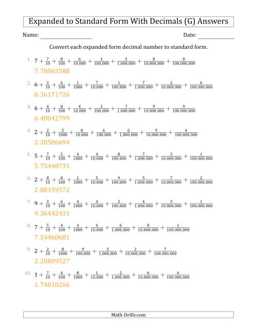The Converting Expanded Form Decimals Using Fractions to Standard Form (1-Digit Before the Decimal; 8-Digits After the Decimal) (G) Math Worksheet Page 2