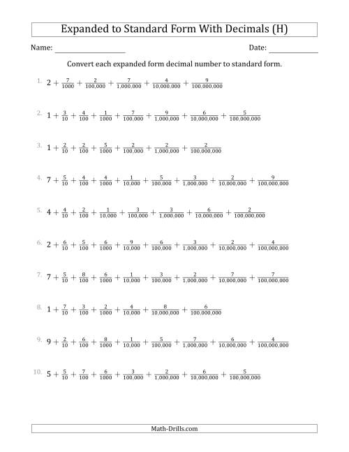 The Converting Expanded Form Decimals Using Fractions to Standard Form (1-Digit Before the Decimal; 8-Digits After the Decimal) (H) Math Worksheet