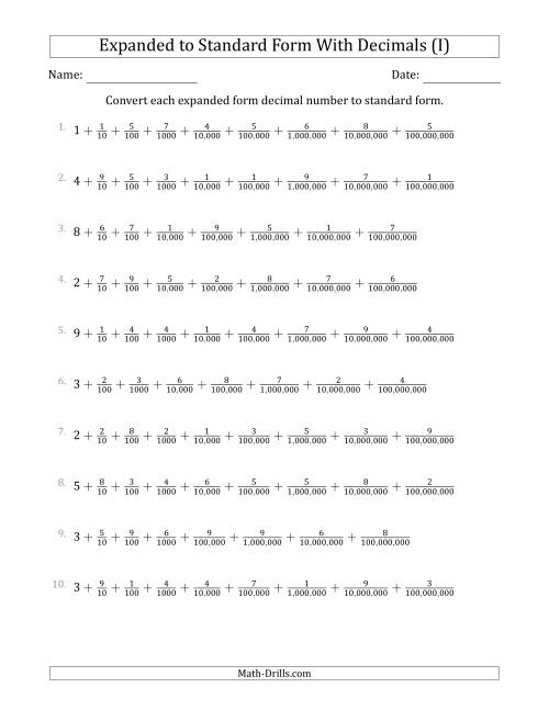 The Converting Expanded Form Decimals Using Fractions to Standard Form (1-Digit Before the Decimal; 8-Digits After the Decimal) (I) Math Worksheet