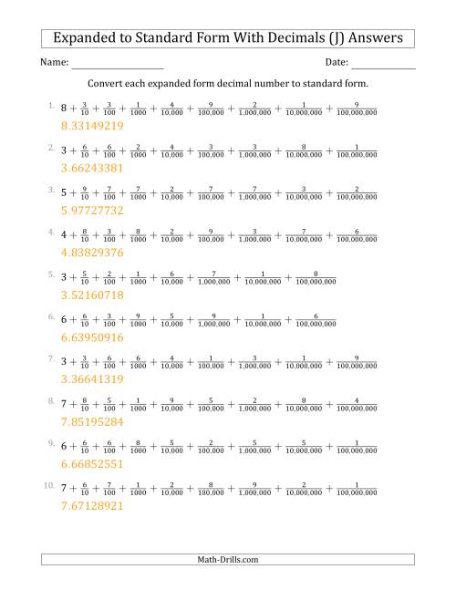 The Converting Expanded Form Decimals Using Fractions to Standard Form (1-Digit Before the Decimal; 8-Digits After the Decimal) (J) Math Worksheet Page 2