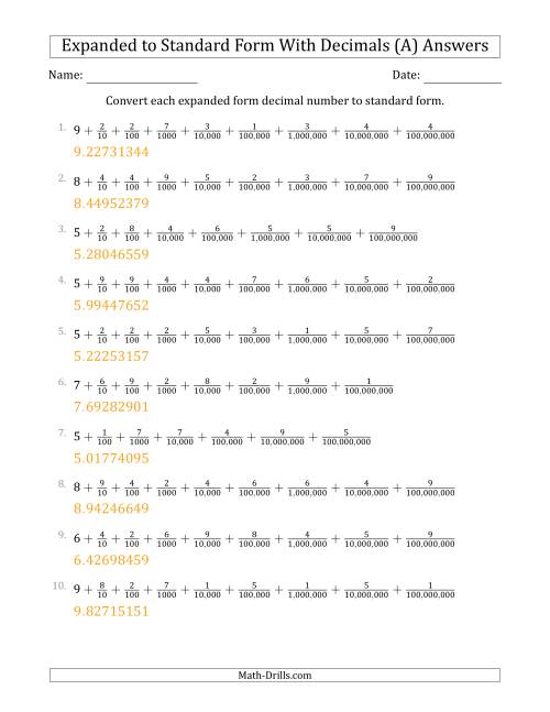 The Converting Expanded Form Decimals Using Fractions to Standard Form (1-Digit Before the Decimal; 8-Digits After the Decimal) (All) Math Worksheet Page 2