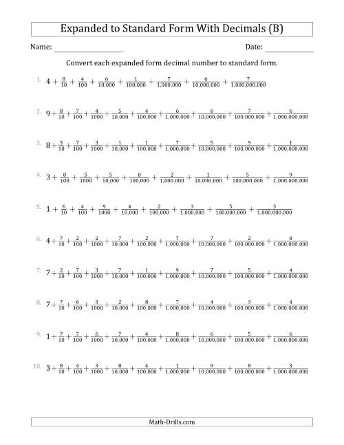 The Converting Expanded Form Decimals Using Fractions to Standard Form (1-Digit Before the Decimal; 9-Digits After the Decimal) (B) Math Worksheet