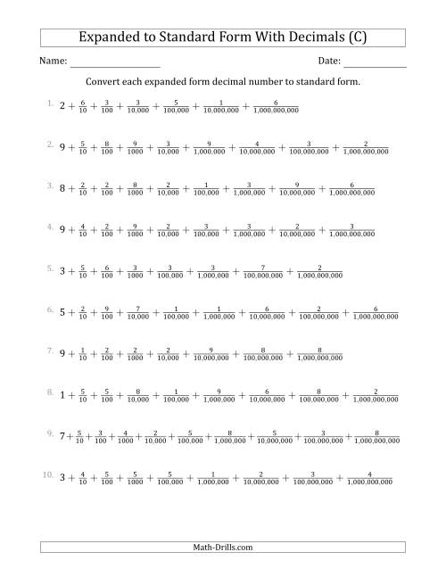 The Converting Expanded Form Decimals Using Fractions to Standard Form (1-Digit Before the Decimal; 9-Digits After the Decimal) (C) Math Worksheet