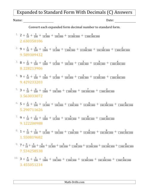 The Converting Expanded Form Decimals Using Fractions to Standard Form (1-Digit Before the Decimal; 9-Digits After the Decimal) (C) Math Worksheet Page 2