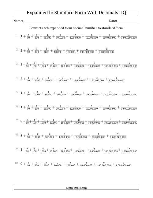 The Converting Expanded Form Decimals Using Fractions to Standard Form (1-Digit Before the Decimal; 9-Digits After the Decimal) (D) Math Worksheet
