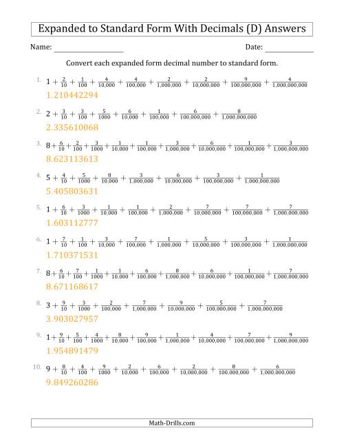 The Converting Expanded Form Decimals Using Fractions to Standard Form (1-Digit Before the Decimal; 9-Digits After the Decimal) (D) Math Worksheet Page 2