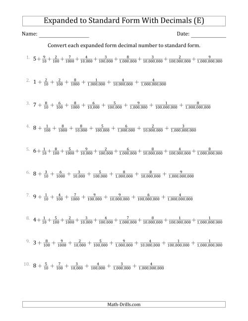 The Converting Expanded Form Decimals Using Fractions to Standard Form (1-Digit Before the Decimal; 9-Digits After the Decimal) (E) Math Worksheet