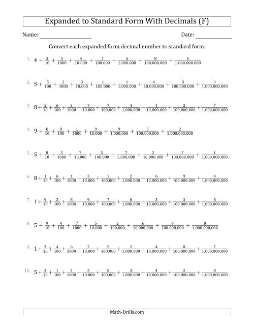 The Converting Expanded Form Decimals Using Fractions to Standard Form (1-Digit Before the Decimal; 9-Digits After the Decimal) (F) Math Worksheet