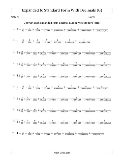 The Converting Expanded Form Decimals Using Fractions to Standard Form (1-Digit Before the Decimal; 9-Digits After the Decimal) (G) Math Worksheet