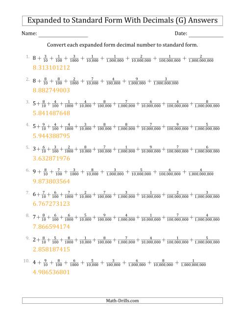 The Converting Expanded Form Decimals Using Fractions to Standard Form (1-Digit Before the Decimal; 9-Digits After the Decimal) (G) Math Worksheet Page 2