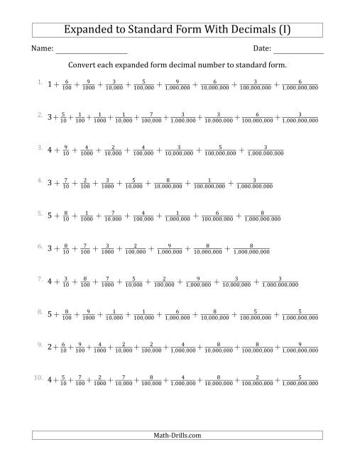 The Converting Expanded Form Decimals Using Fractions to Standard Form (1-Digit Before the Decimal; 9-Digits After the Decimal) (I) Math Worksheet