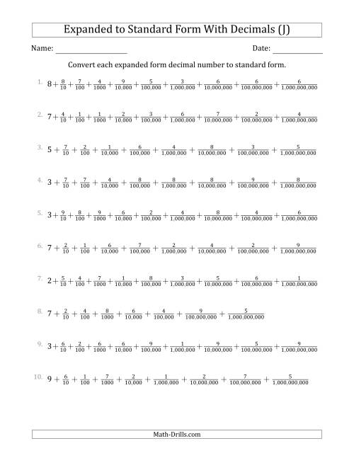 The Converting Expanded Form Decimals Using Fractions to Standard Form (1-Digit Before the Decimal; 9-Digits After the Decimal) (J) Math Worksheet