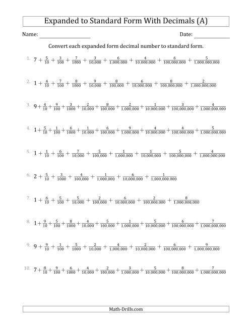The Converting Expanded Form Decimals Using Fractions to Standard Form (1-Digit Before the Decimal; 9-Digits After the Decimal) (All) Math Worksheet