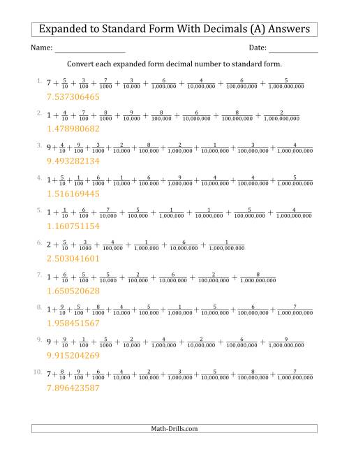 The Converting Expanded Form Decimals Using Fractions to Standard Form (1-Digit Before the Decimal; 9-Digits After the Decimal) (All) Math Worksheet Page 2