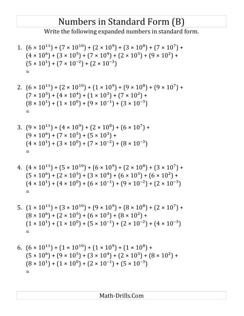 The Convert from Expanded to Standard Form (12 digits before decimal; 3 digits after) (B) Math Worksheet