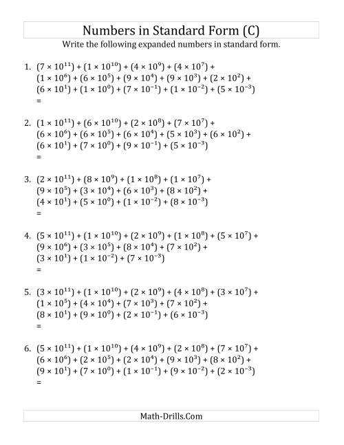 The Convert from Expanded to Standard Form (12 digits before decimal; 3 digits after) (C) Math Worksheet
