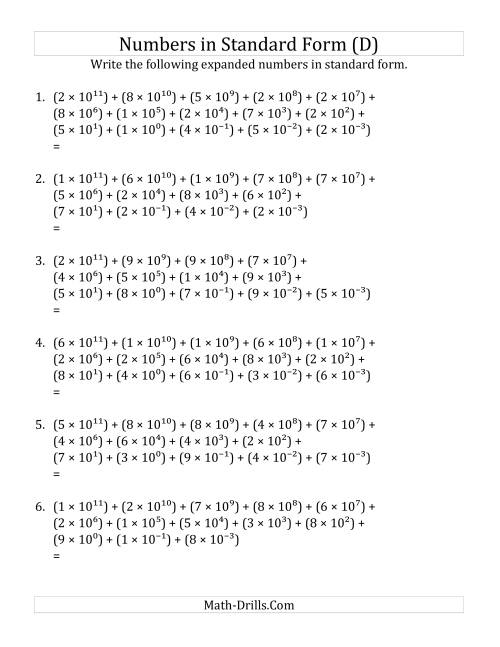 The Convert from Expanded to Standard Form (12 digits before decimal; 3 digits after) (D) Math Worksheet