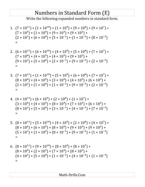 The Convert from Expanded to Standard Form (12 digits before decimal; 3 digits after) (E) Math Worksheet